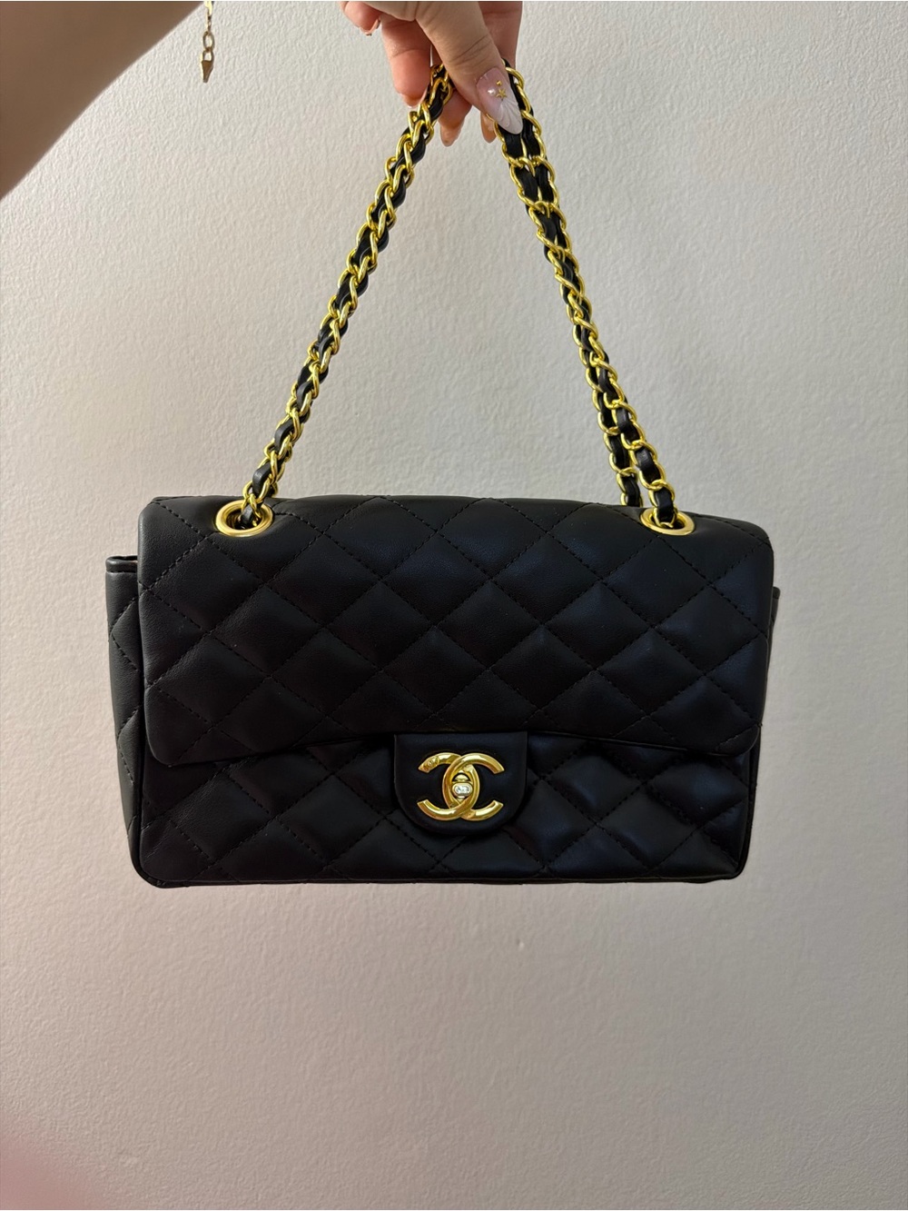Black Quilted Shoulder Bag with Gold Chain